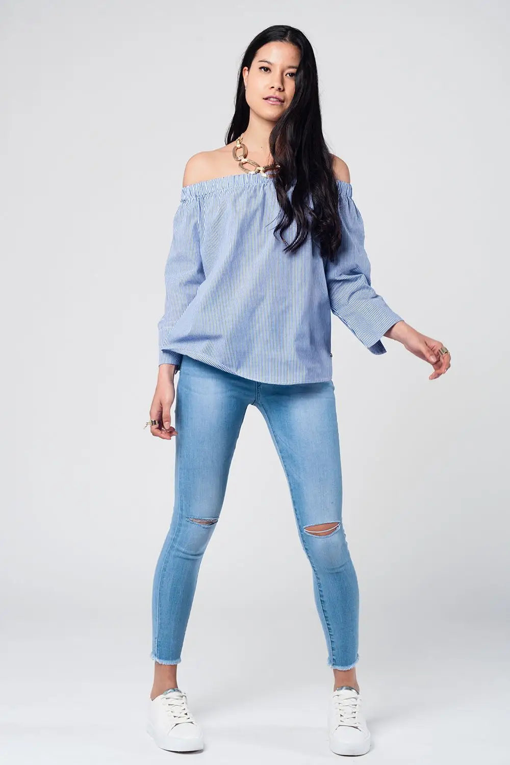 Jean skinny délavé avec découpe aux genoux - Pantalons