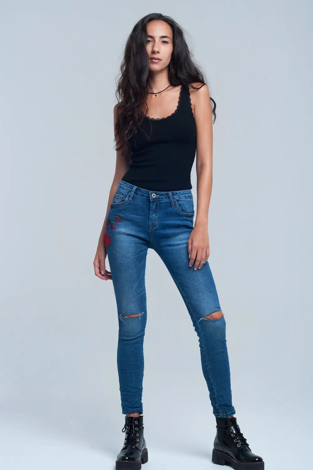 Jean Skinny denim brodé - Pantalons