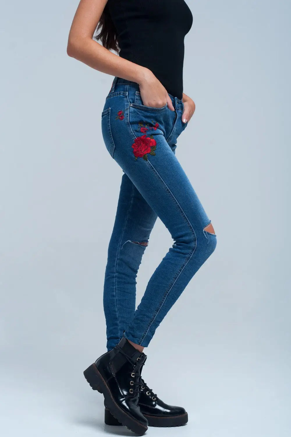 Jean Skinny denim brodé - Pantalons
