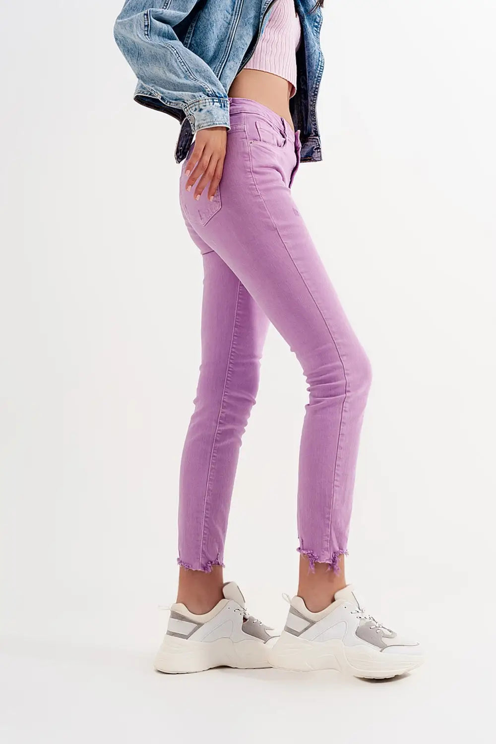 Jean skinny effet vieilli à ourlet brut lilas - Pantalons