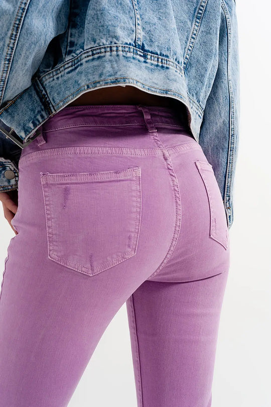 Jean skinny effet vieilli à ourlet brut lilas - Pantalons