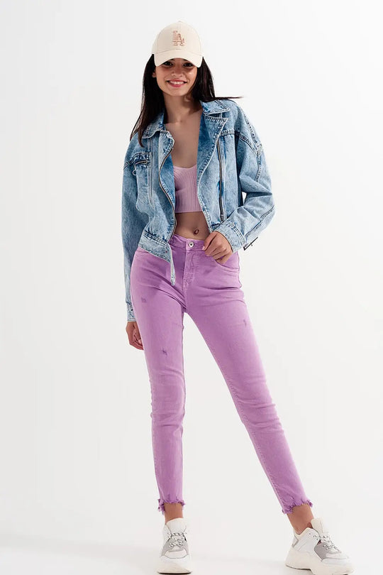 Jean skinny effet vieilli à ourlet brut lilas - Pantalons