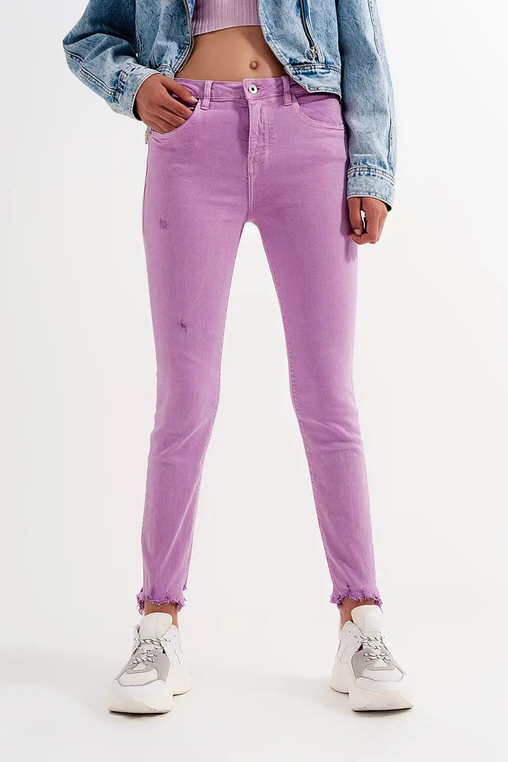Jean skinny effet vieilli à ourlet brut lilas - Pantalons