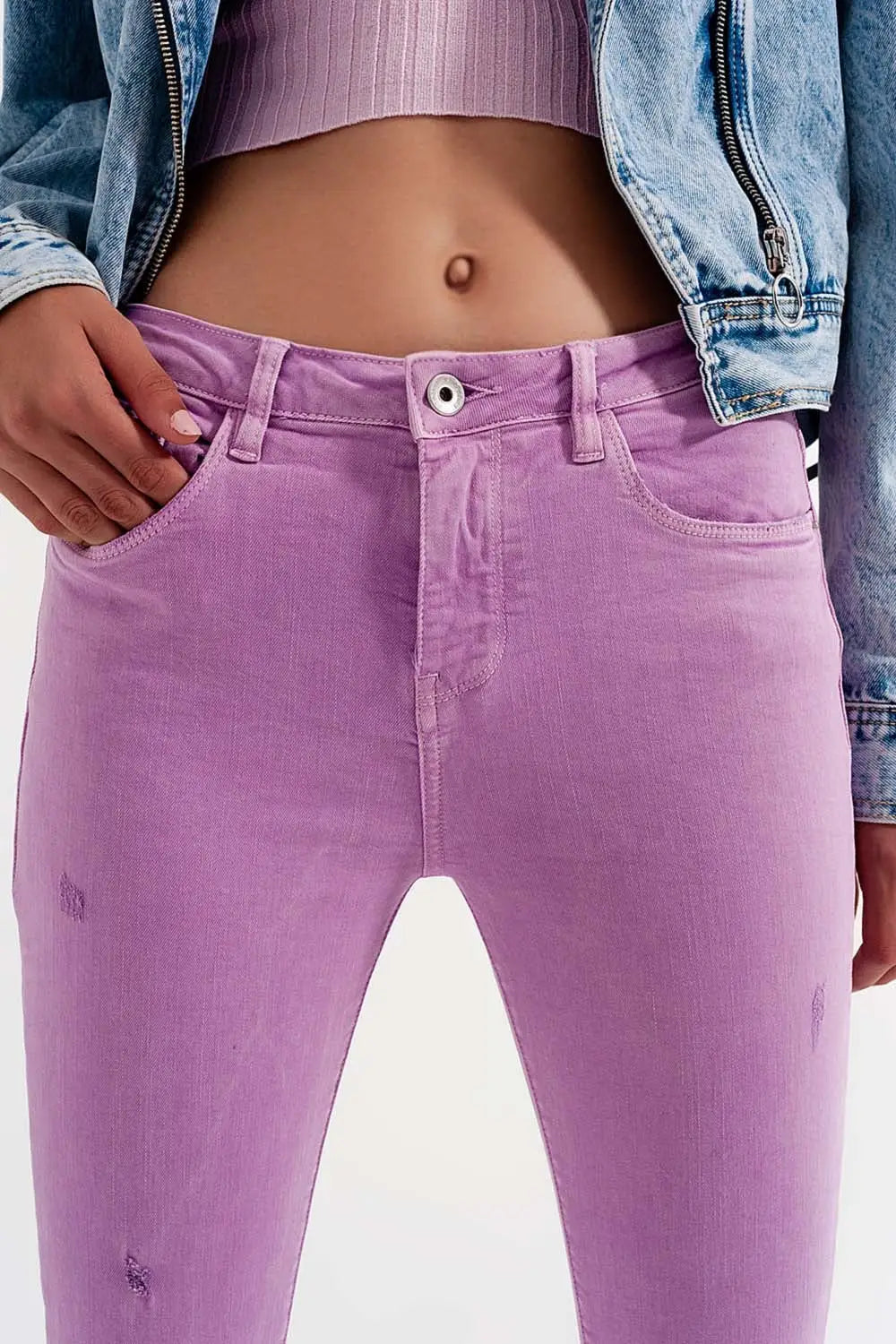 Jean skinny effet vieilli à ourlet brut lilas - Pantalons