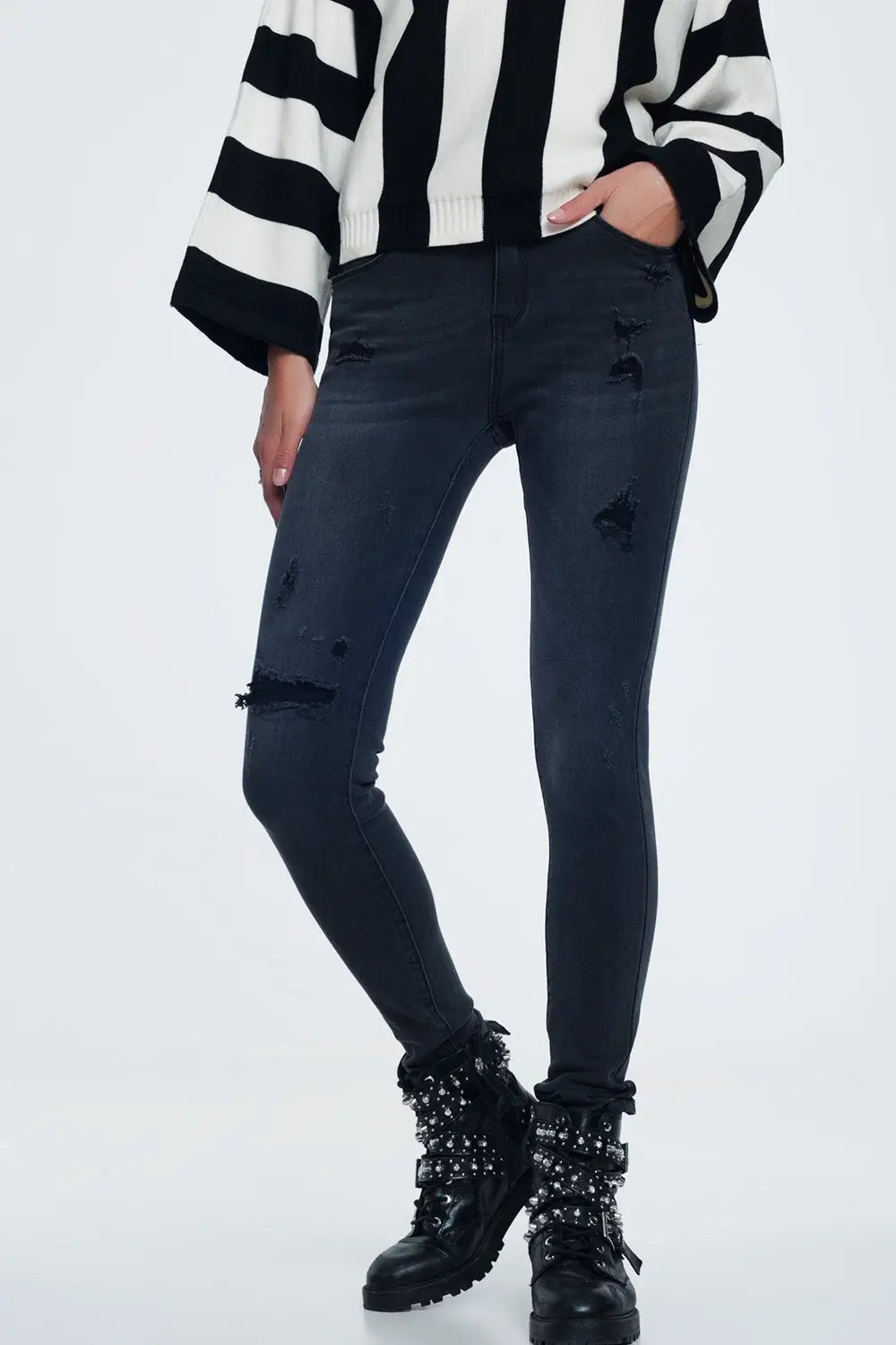 Jean skinny en détresse noir - Pantalons