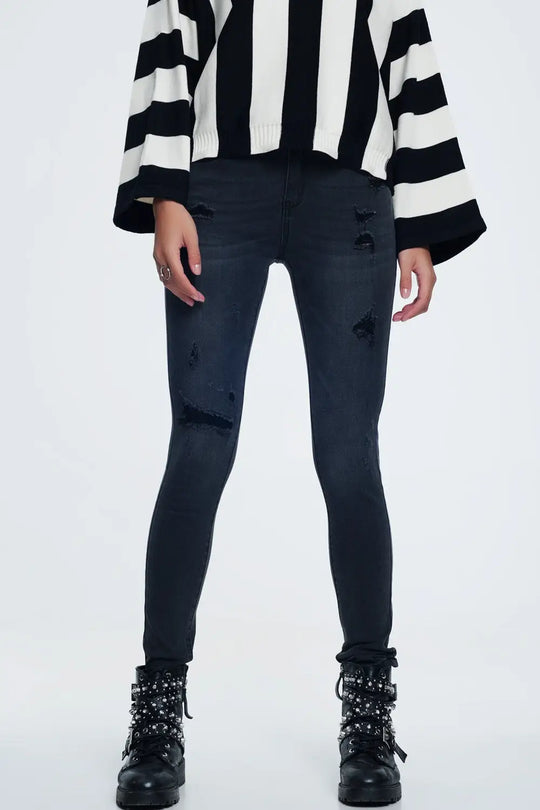 Jean skinny en détresse noir - Pantalons