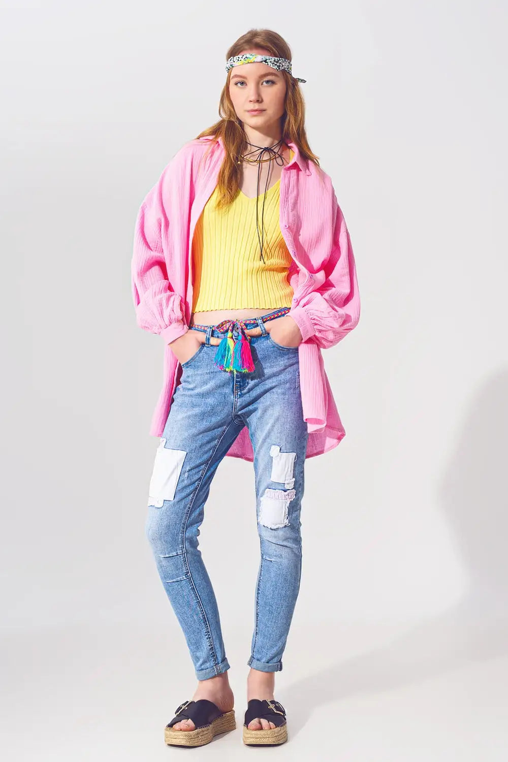 Jean Skinny Extensible avec Empiècements en Délavage Moyen et Détail de Ceinture - Pantalons