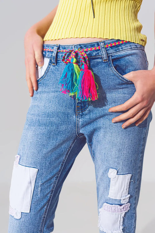Jean Skinny Extensible avec Empiècements en Délavage Moyen et Détail de Ceinture - Pantalons