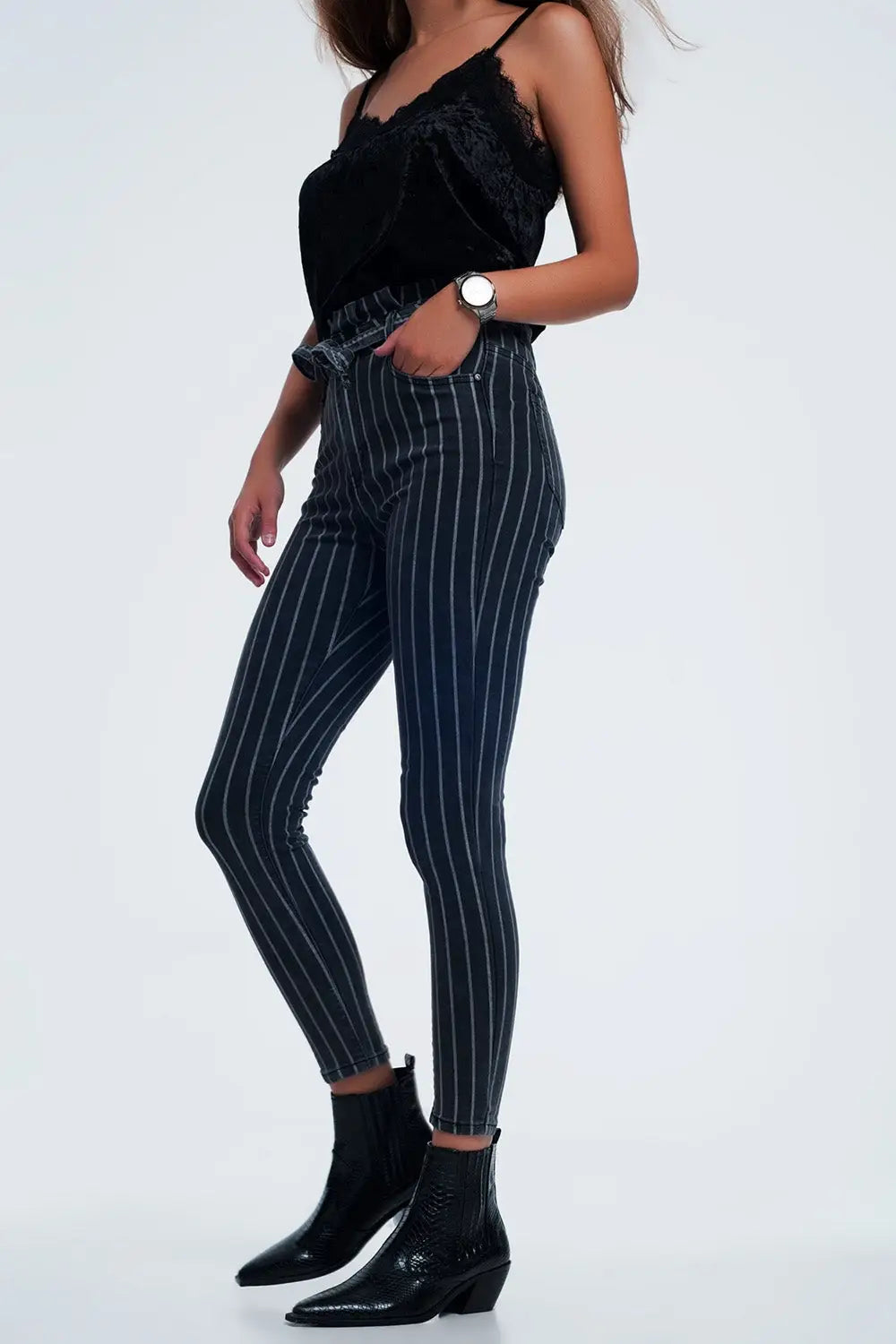 Jean skinny gris à rayures - Pantalons