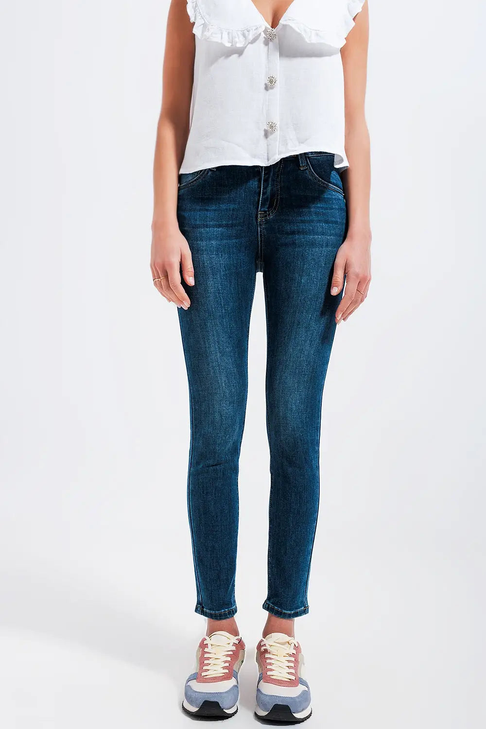 Jean skinny taille haute à délavage foncé - Pantalons