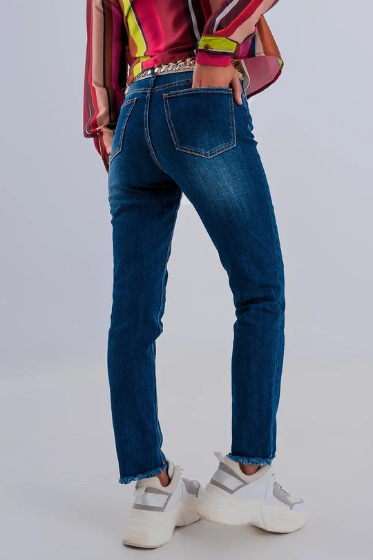 Jean skinny taille haute à ourlets bruts Bleu foncé - Pantalons