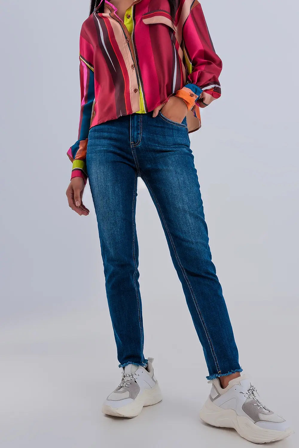Jean skinny taille haute à ourlets bruts Bleu foncé - Pantalons