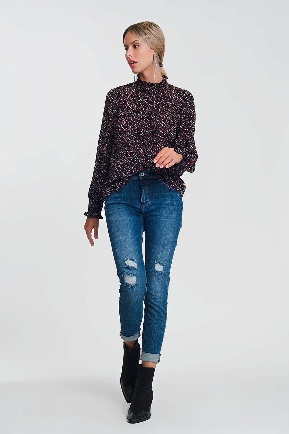 Jean skinny taille haute avec détails déchirés en Bleu délavage foncé - Pantalons