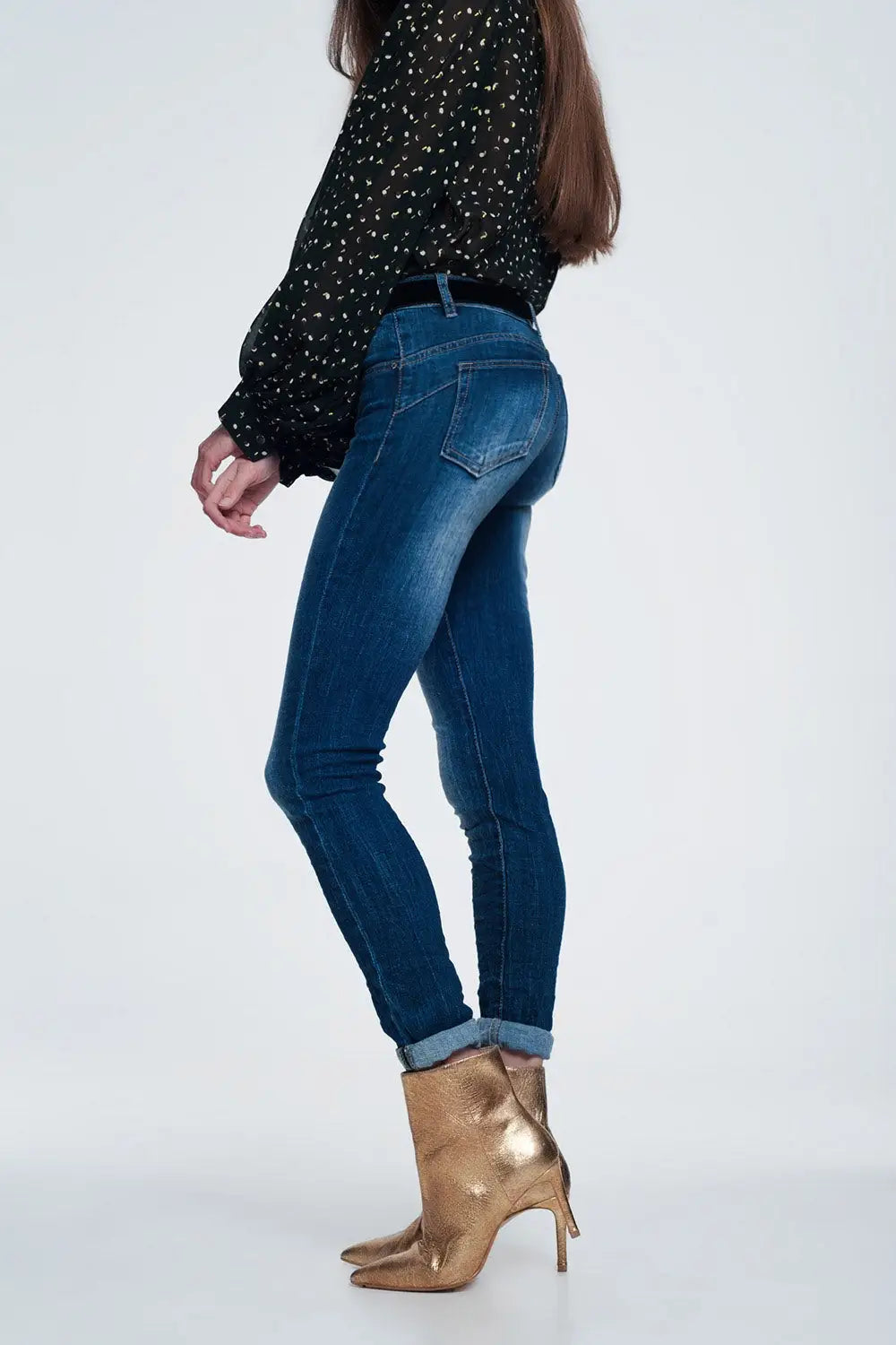Jean skinny taille haute - Bleu foncé délavé extrême - Pantalons