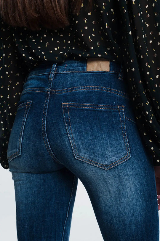 Jean skinny taille haute - Bleu foncé délavé extrême - Pantalons
