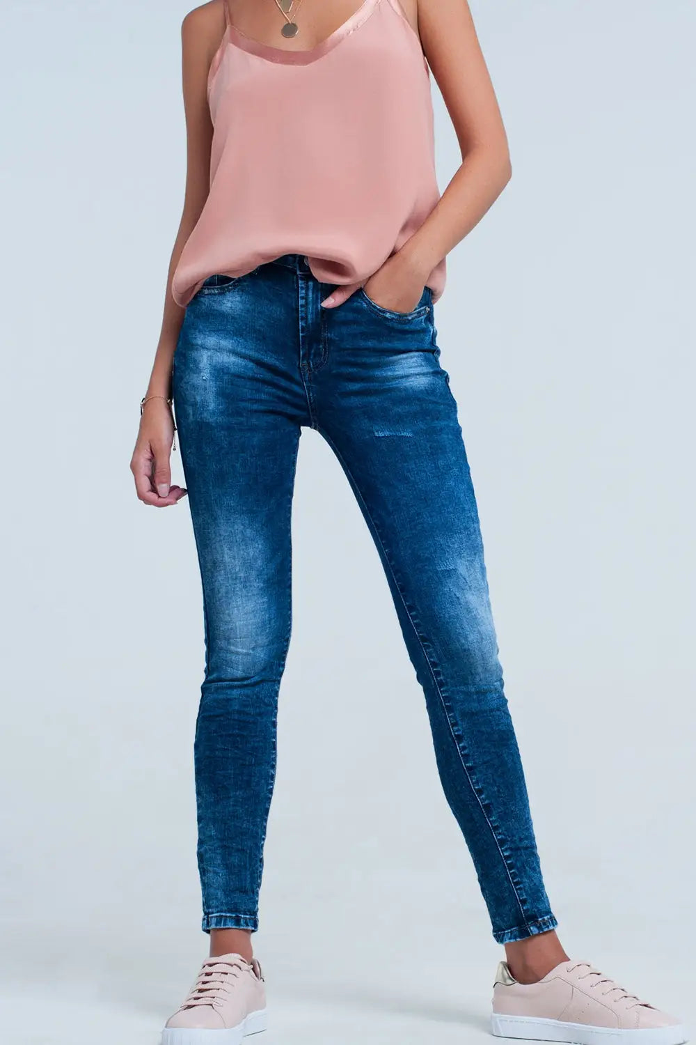Q2 Jean skinny taille haute Délavage bleu vif