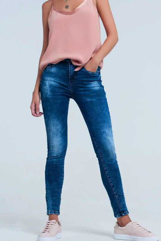 Q2 Jean skinny taille haute Délavage bleu vif