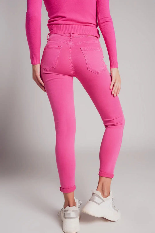 Jean skinny taille haute en fuchsia - Pantalons