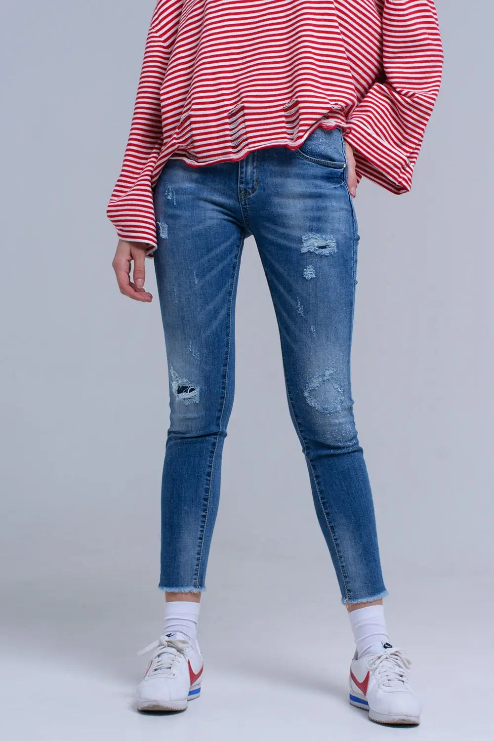 Jean skinny vieilli avec franges - Pantalons
