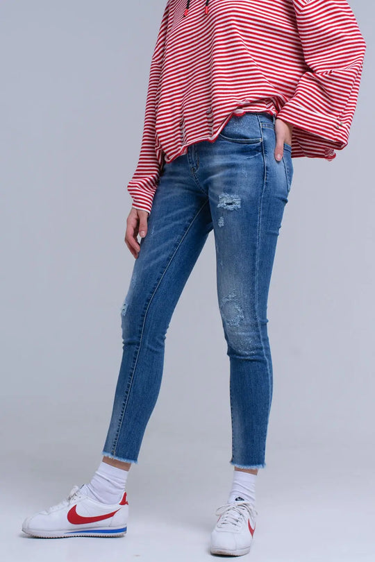 Jean skinny vieilli avec franges - Pantalons