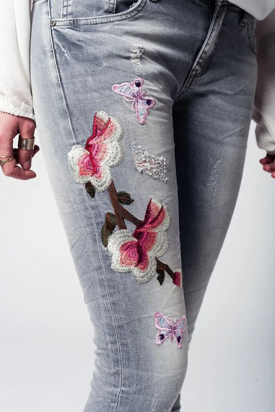 Jean slim gris brodé - Pantalons