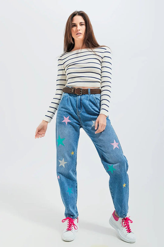 Jean slouch taille haute avec plis sur le devant et imprimé étoiles - Pantalons