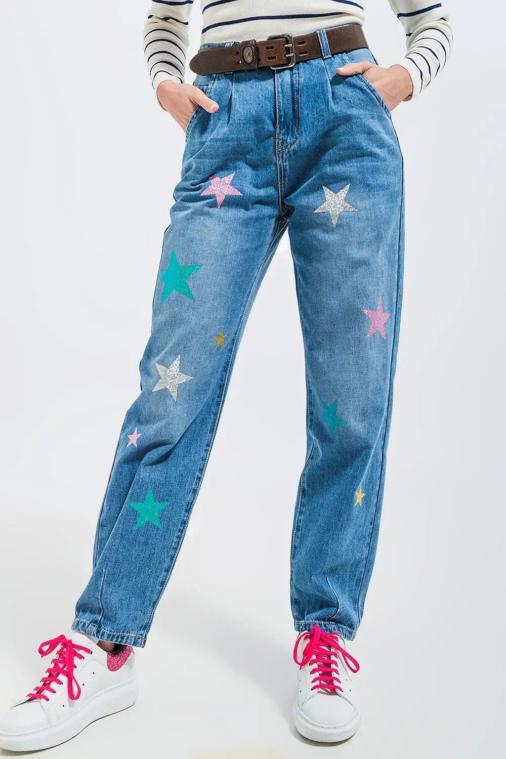 Jean slouch taille haute avec plis sur le devant et imprimé étoiles - Pantalons