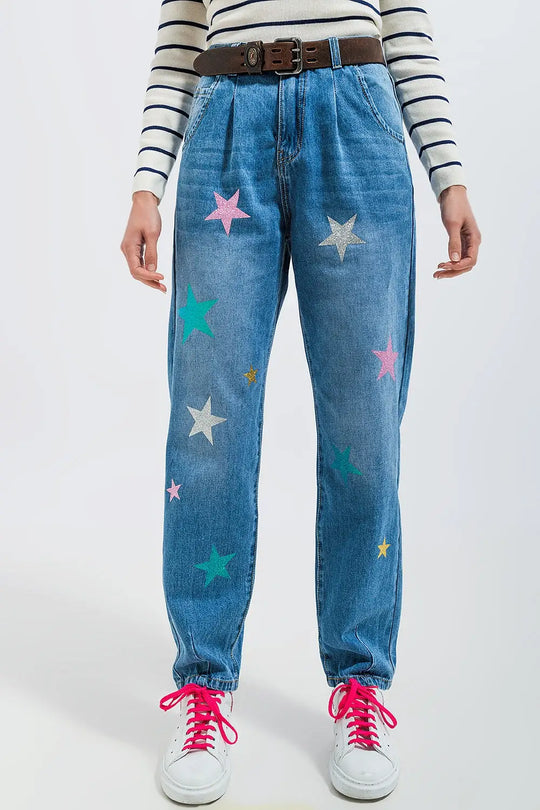 Jean slouch taille haute avec plis sur le devant et imprimé étoiles - Pantalons