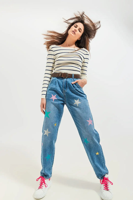Jean slouch taille haute avec plis sur le devant et imprimé étoiles - Pantalons