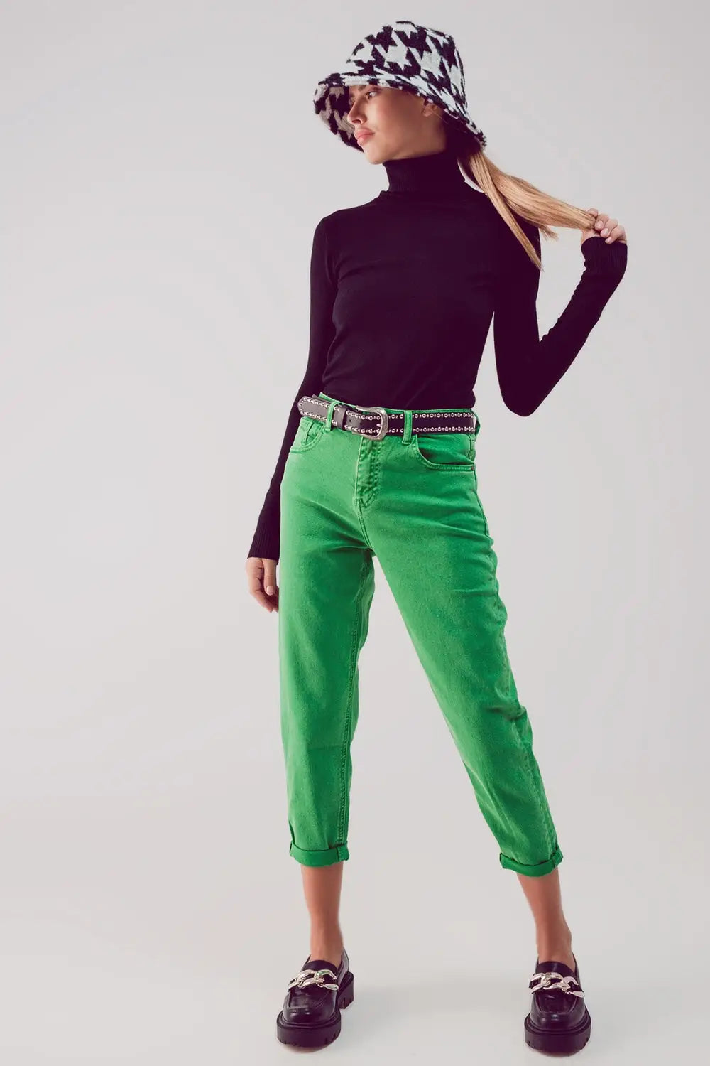 Jean slouchy à taille mi haute en coton vert - Pantalons