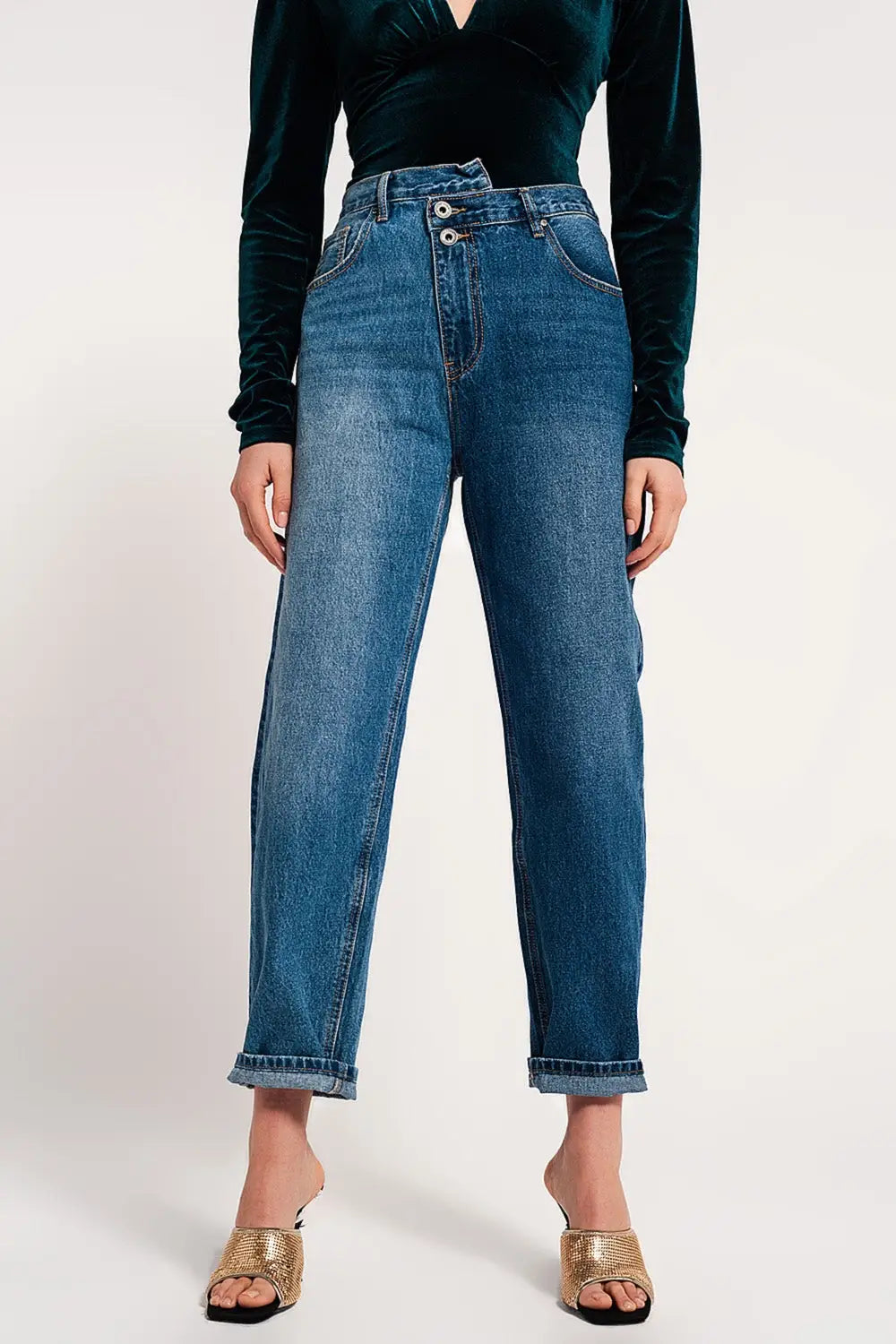 Jean straight avec bouton asymétrique Bleu moyen - Pantalons