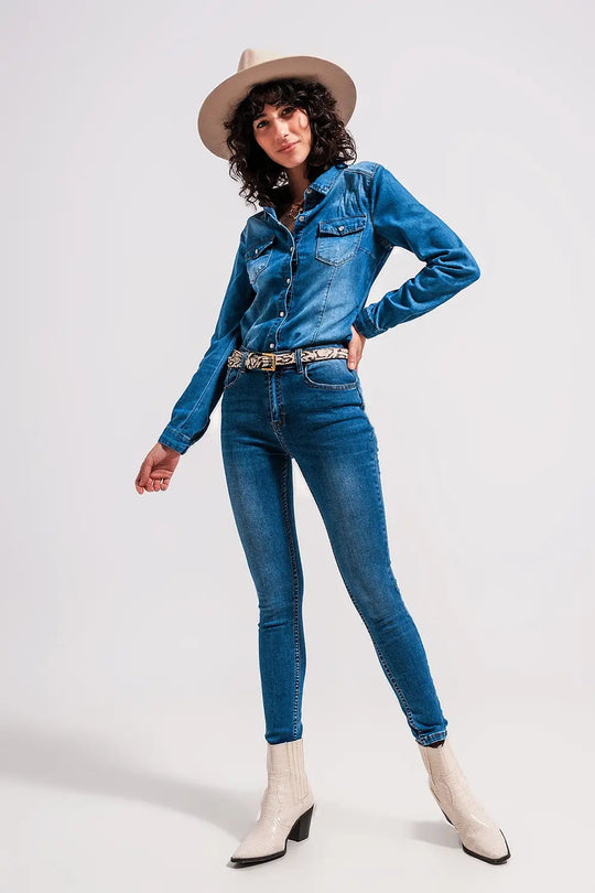 Jean stretch skinny à taille haute Bleu moyen - Pantalons