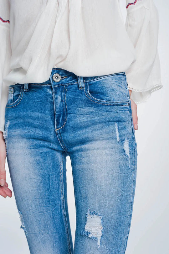 Jean super skinny à grosses déchirures bleu vintage - Pantalons