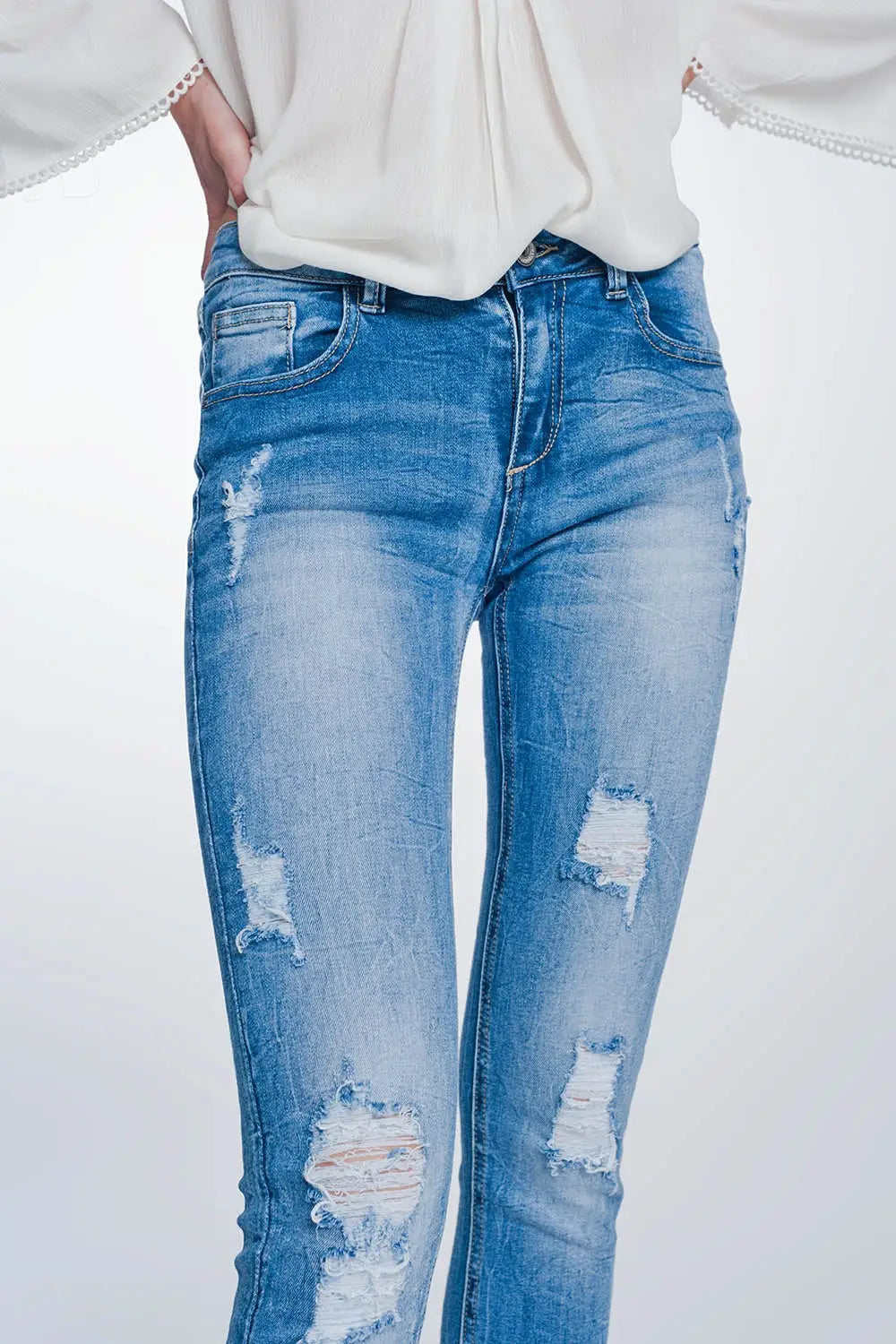 Jean super skinny à grosses déchirures bleu vintage - Pantalons