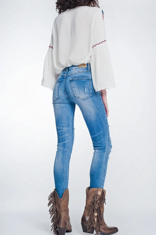 Jean super skinny à grosses déchirures bleu vintage - Pantalons