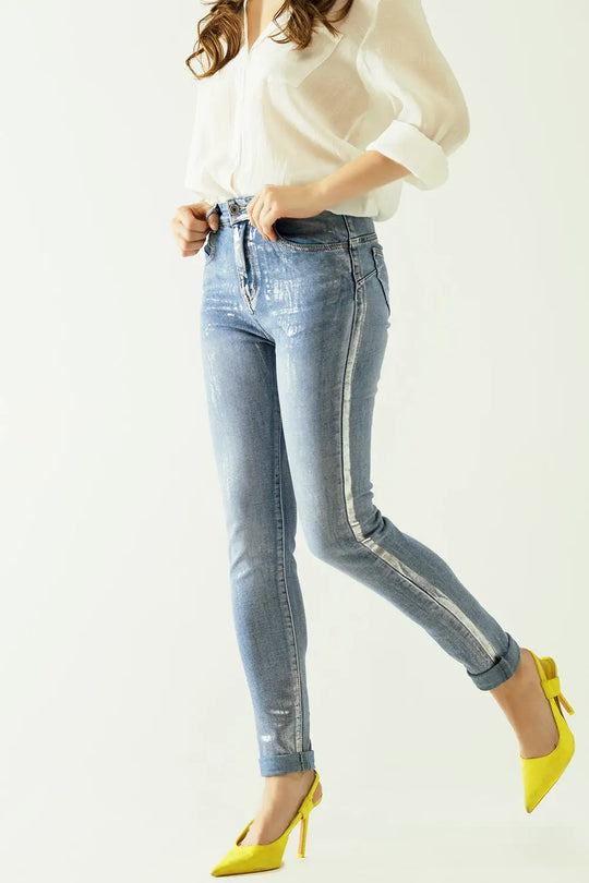 Jean taille haute à cinq poches avec effet poudré argenté - Pantalons