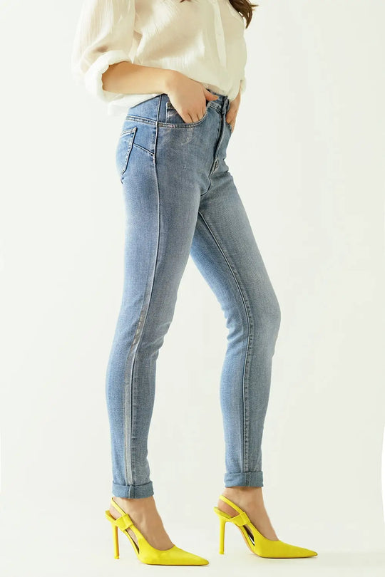 Jean taille haute à cinq poches avec effet poudré argenté - Pantalons