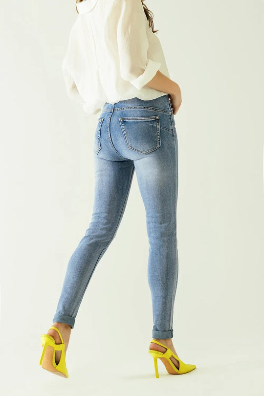Jean taille haute à cinq poches avec effet poudré argenté - Pantalons