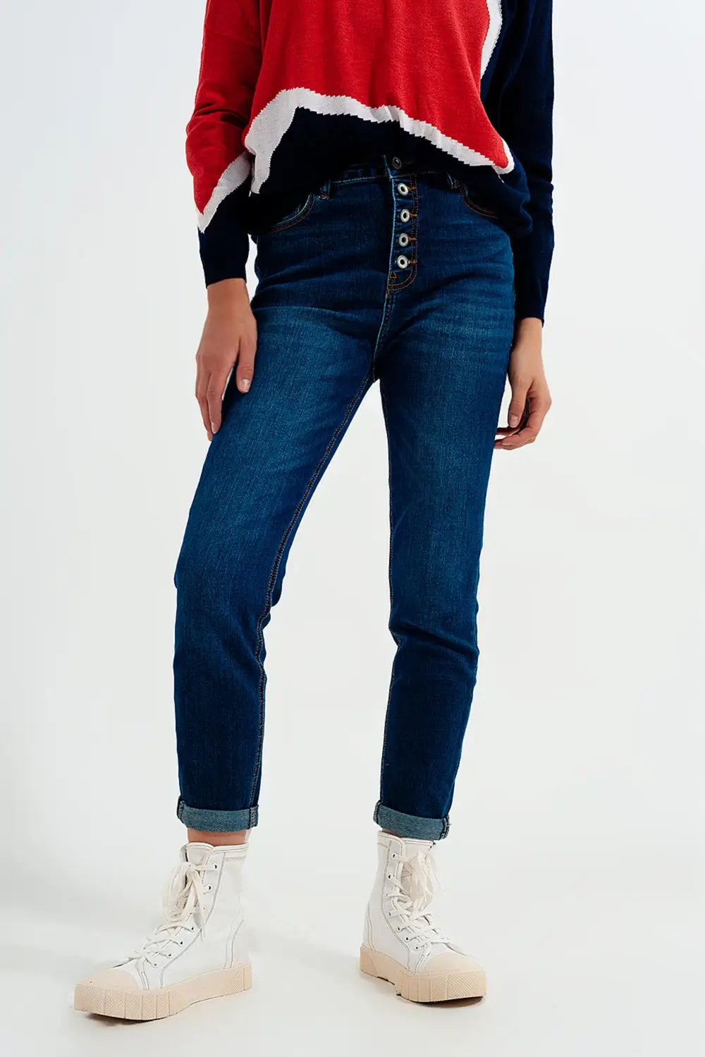 Jean taille haute avec boutons apprarents Bleu - Pantalons