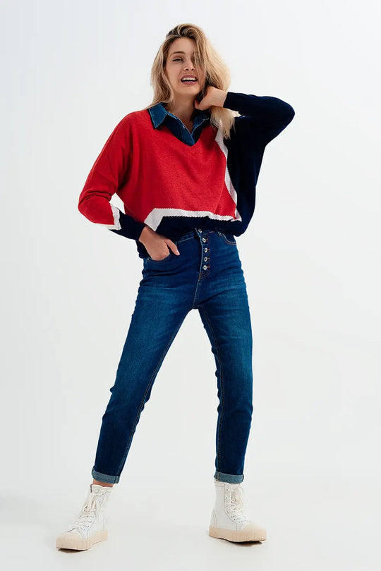 Jean taille haute avec boutons apprarents Bleu - Pantalons