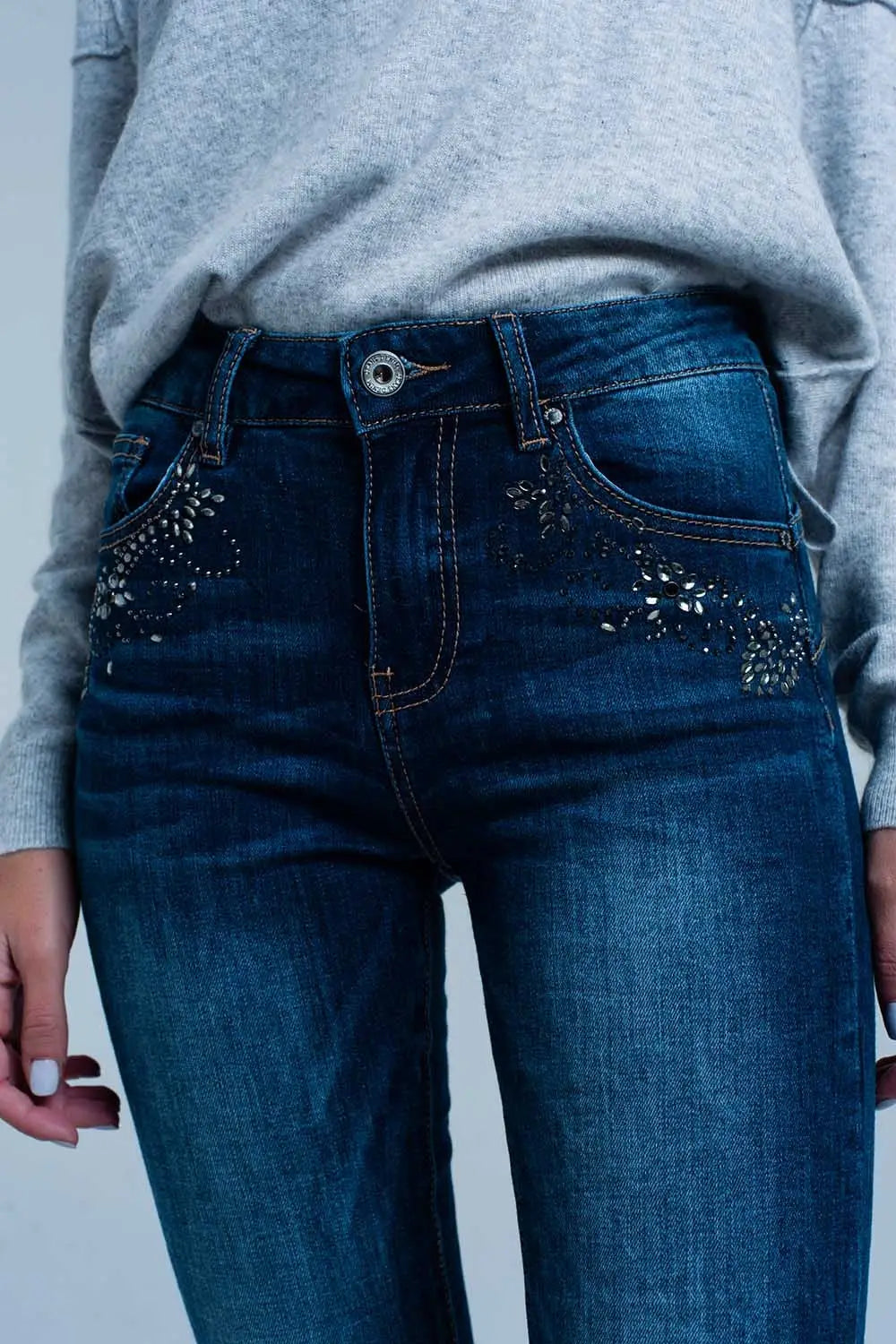 Jean taille haute délavé foncé avec détails en strass - Pantalons