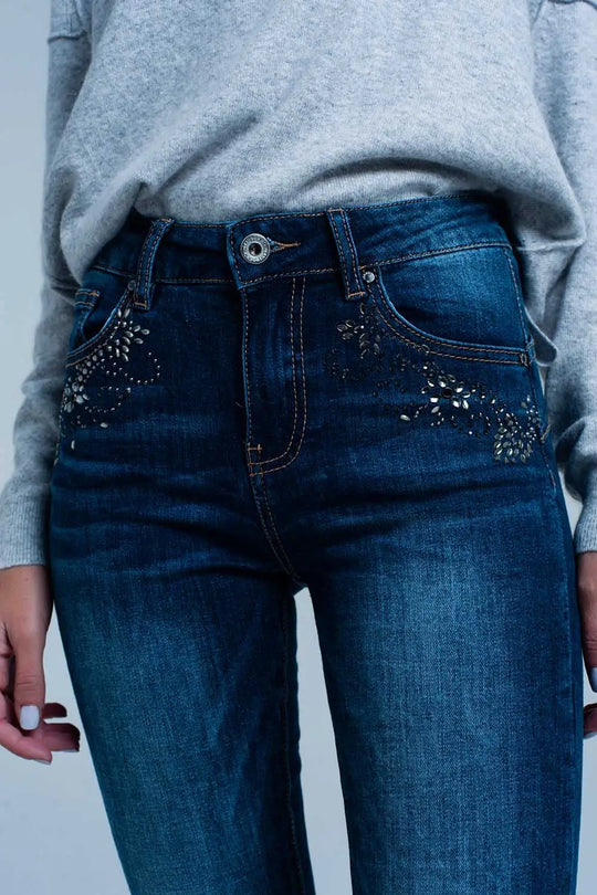 Jean taille haute délavé foncé avec détails en strass - Pantalons