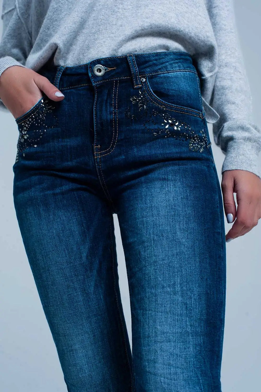 Jean taille haute délavé foncé avec détails en strass - Pantalons