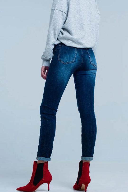 Jean taille haute délavé foncé avec détails en strass - Pantalons