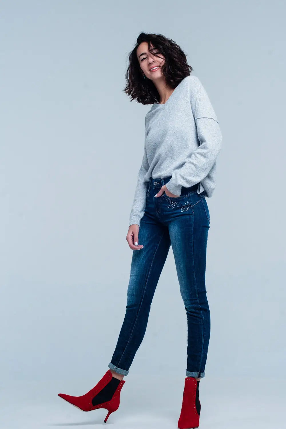 Jean taille haute délavé foncé avec détails en strass - Pantalons