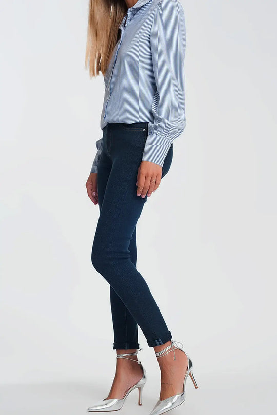 Jean taille haute effet scintillant lavage foncé - Pantalons