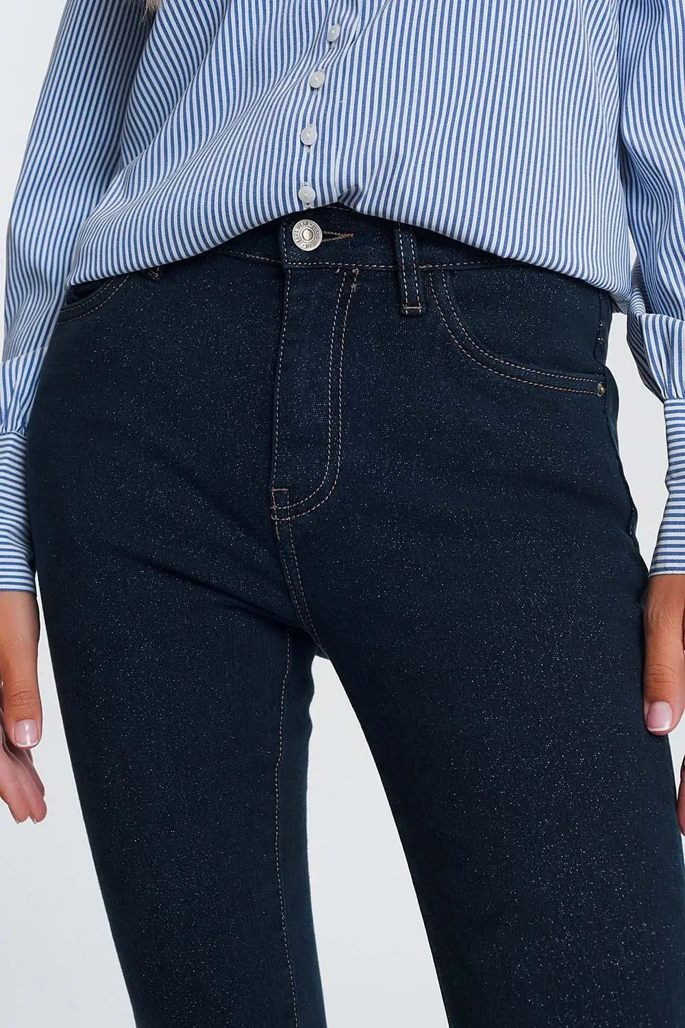 Jean taille haute effet scintillant lavage foncé - Pantalons