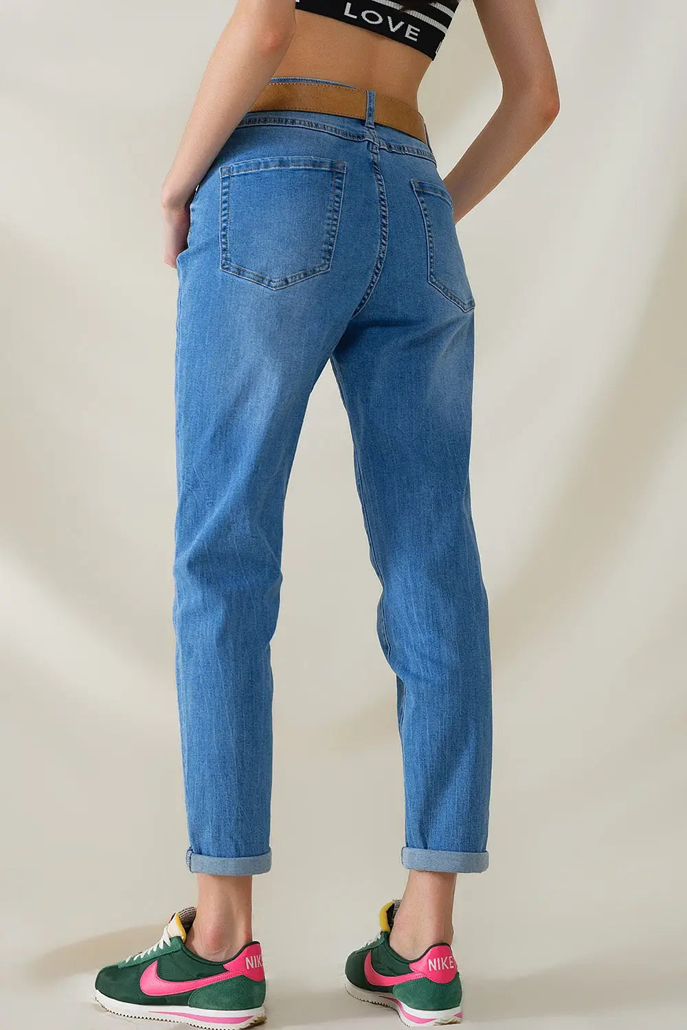 Jean taille haute en denim extensible moyennement délavé - Pantalons