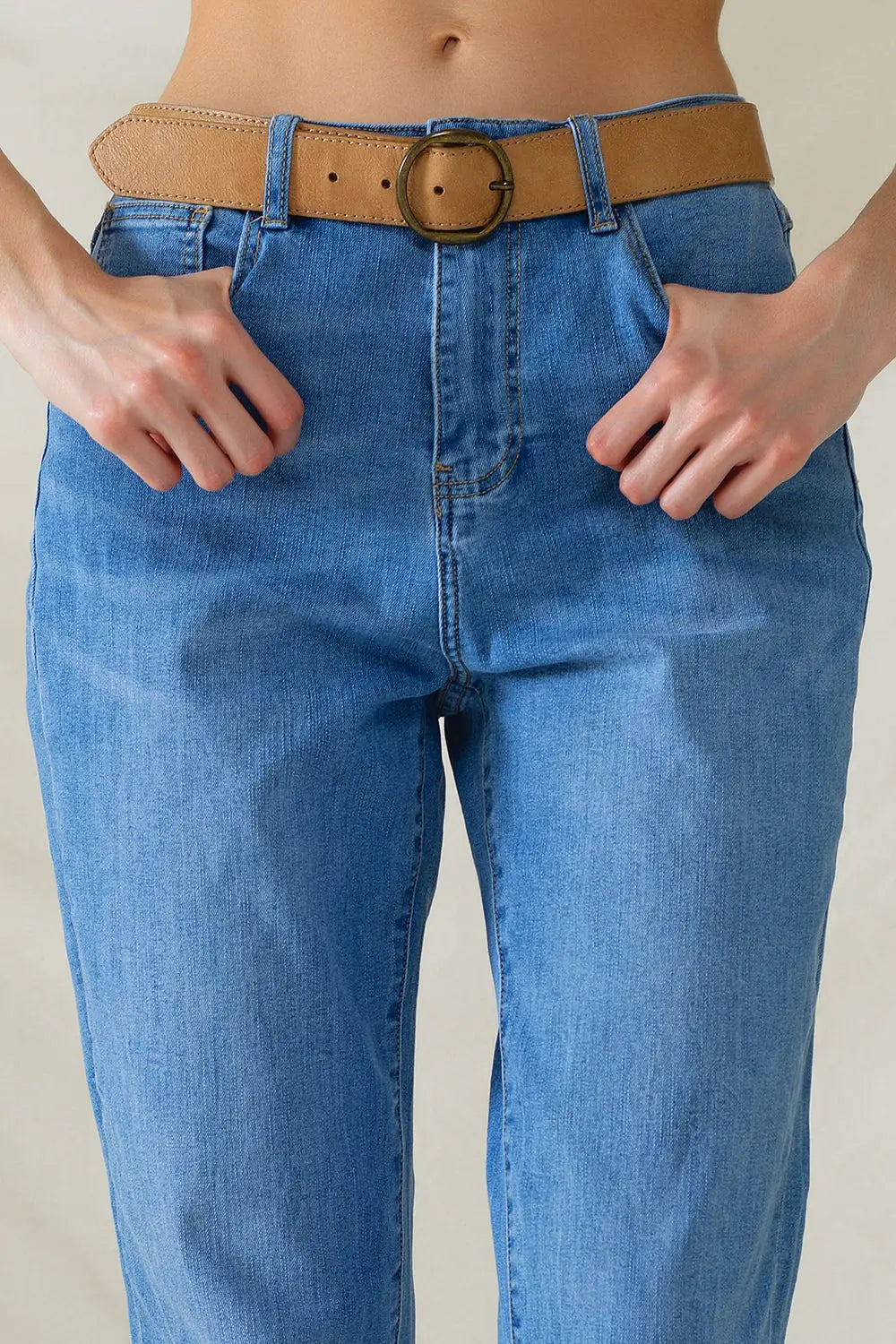 Jean taille haute en denim extensible moyennement délavé - Pantalons