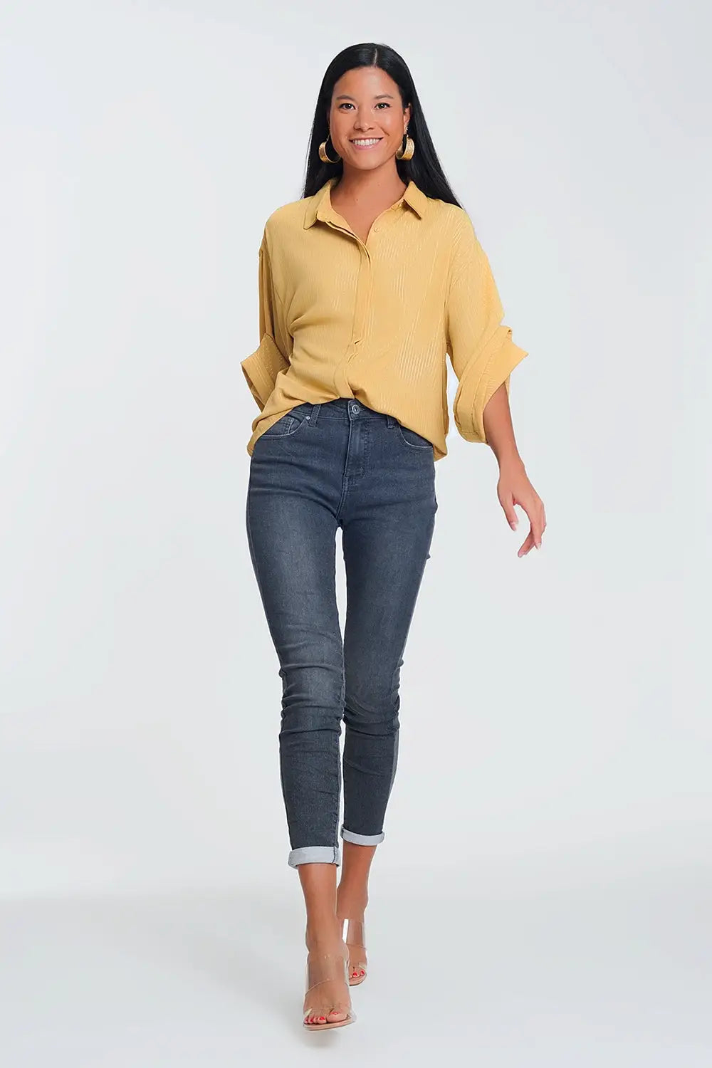 Jean taille haute en tissu pailleté - Pantalons